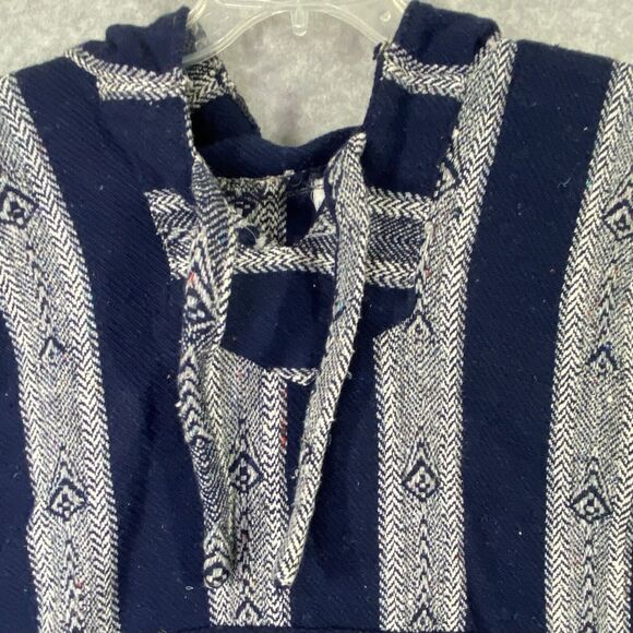 Baja Pullover Hoodie Adult XLg Navy Blue Stripe Hooded Sweatshirt Mexican Jacket - Picture 5 of 11